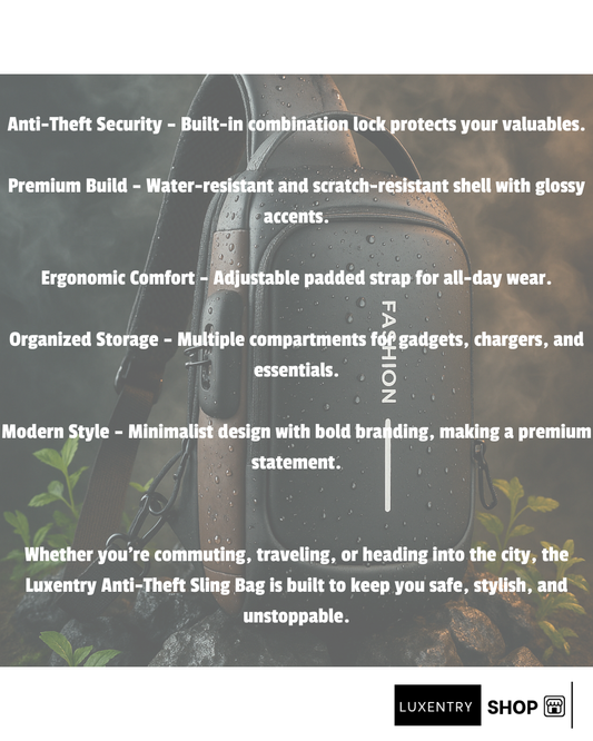 Stay stylish, safe, and organized with our premium Waterproof Anti-Theft Sling Bag. Designed for modern lifestyles, this bag is built with water-resistant material and anti-theft features to protect your essentials wherever you go.